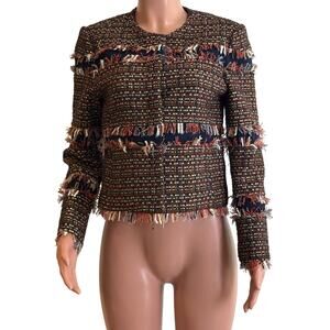 Tory Burch Boucle Tweed Fringe Trim Jacket Womens 6 Multicolor Blazer Career
